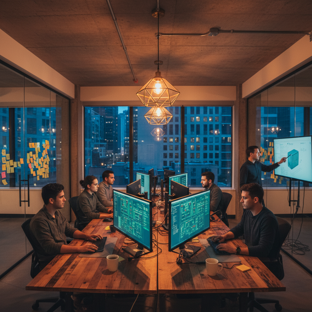 Engineering team collaborating in modern office